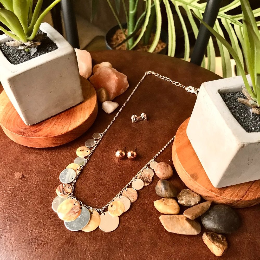 -Silver & Bronze Discs Necklace & Earrings